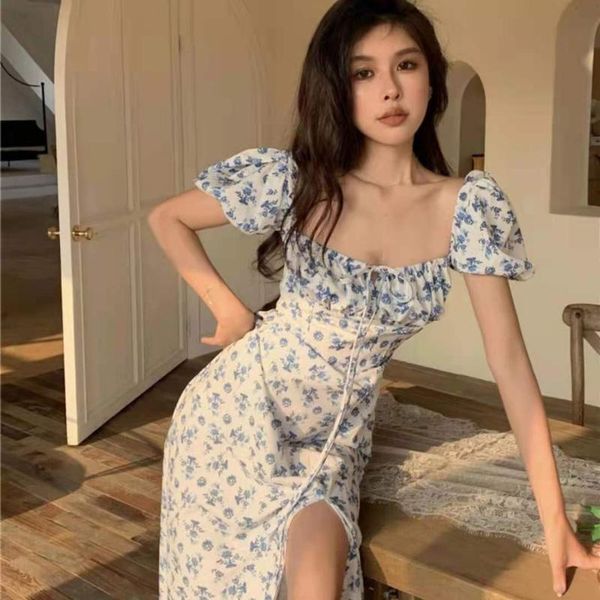 

party dresses women summer vintage dress lady france style puff sleeve floral print square collar side split midi vestido 2021, White;black
