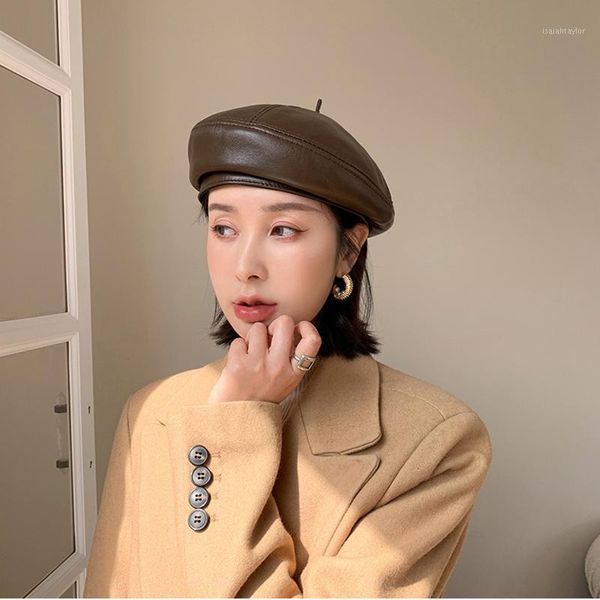 

fashion women real leather octagonal caps sboy cap vintage bonnet beret style retro sheepskin hat cowboy berets, Blue;gray