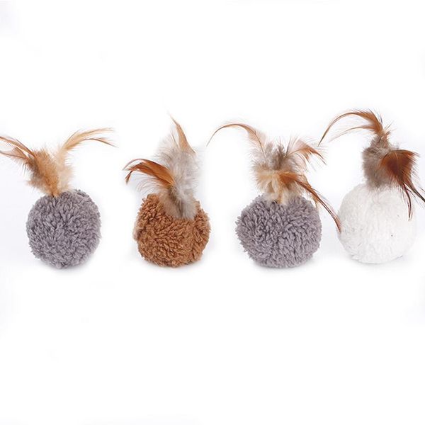 

cat toys 2pcs ball toy pet soft plush interactive cute pompom with feather play teaser supplies