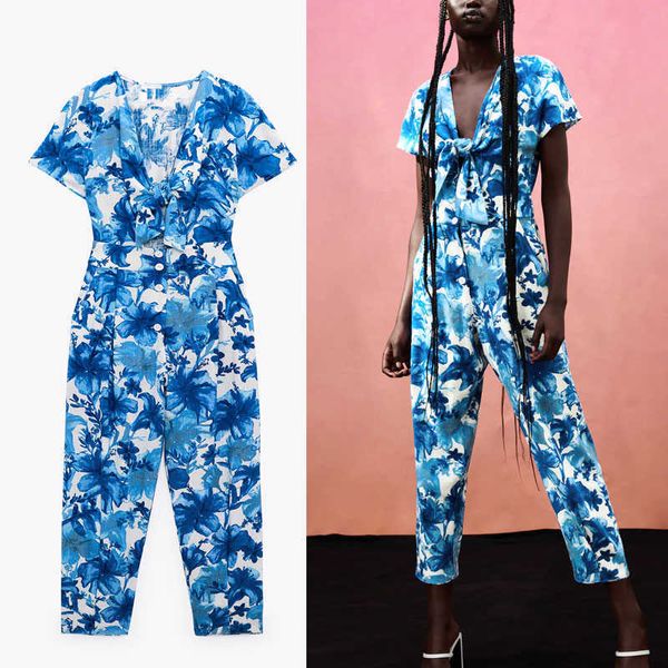 Za Blumen Druck Blauer Jumpsuit Frauen Vintage Short Sleeve gegen Hals Office Lady Strampler Chic Button Up Falten Frau Jumpsuits 210602