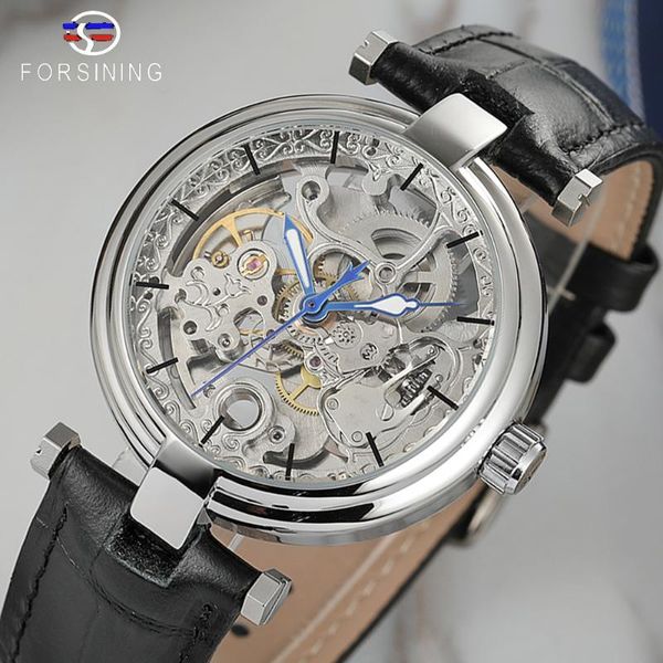 

forsining fashion silver movement skeleton watches blue luminous hands leather men's mechanical wristwatch waterproof male clock wristw, Slivery;brown