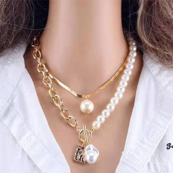 

chains 2 layers pearls geometric pendants jewelry gifts for women double layer necklace stylishsnake chain design, Silver