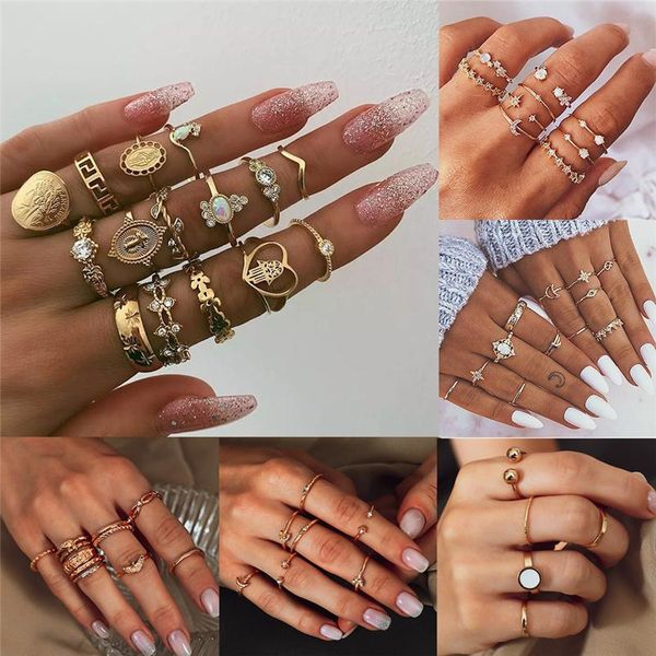 

wedding rings arrival gold color vintage boho finger set for women geometric moon star female lady bohemian jewelry wholesale, Slivery;golden