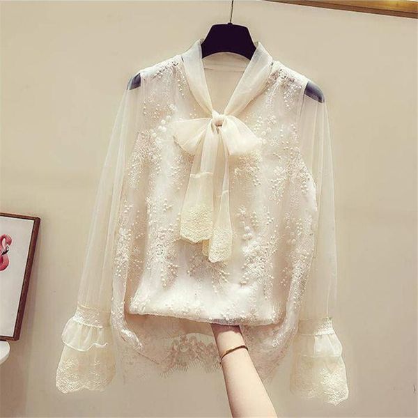 

women's blouses & shirts style bow tie blouse lace female korean bottoming shirt, White