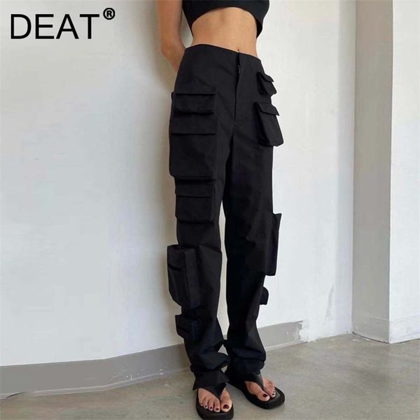 

deat autumn functional wind heavy industry high waist straight pants black white thin multi pocket overalls 7i0208 211007