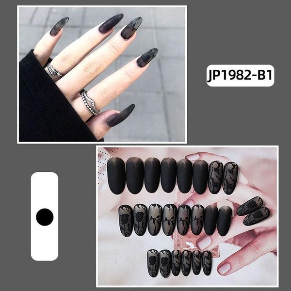 

false nails 24pcs fake black matte rose nail patch dark style glue type removable long paragraph manicure fully covered decor, Red;gold