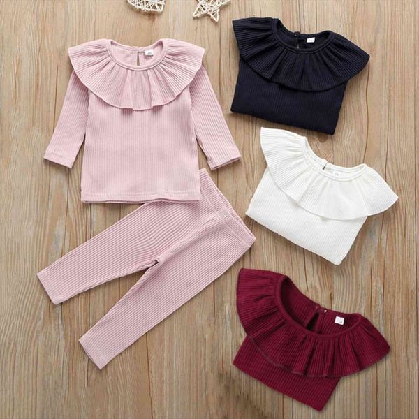 

0 3y baby clothes girl ruffle knitted girls long sleeve solid t shirt toddler leggings kid pants outfits 2pcs, White