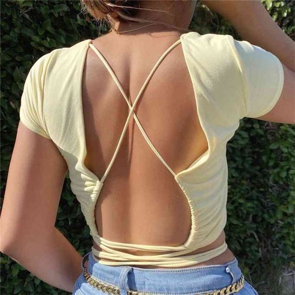 

women t-shirt open back summer ladies bandage lace-up backless solid basic clubwear high street slim clothing 210522, White