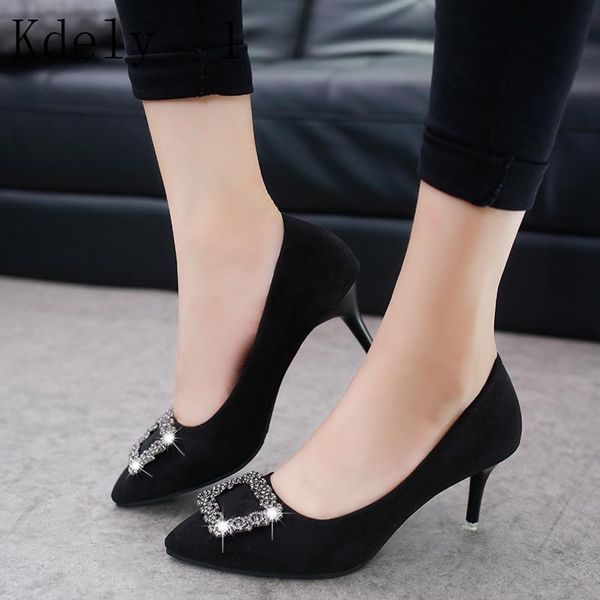 

fashion crystal metal square buckle women pumps suede high heels shoes pointed toe shallow women's party dress, Black