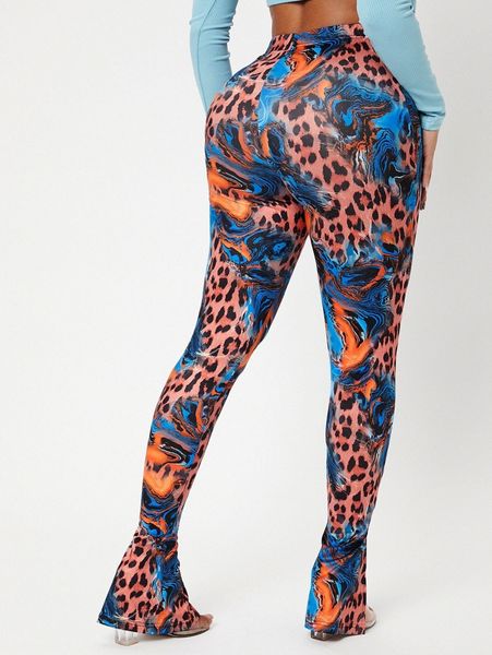 

sxy leopard and marble print split hem pants h55n#, Black;white
