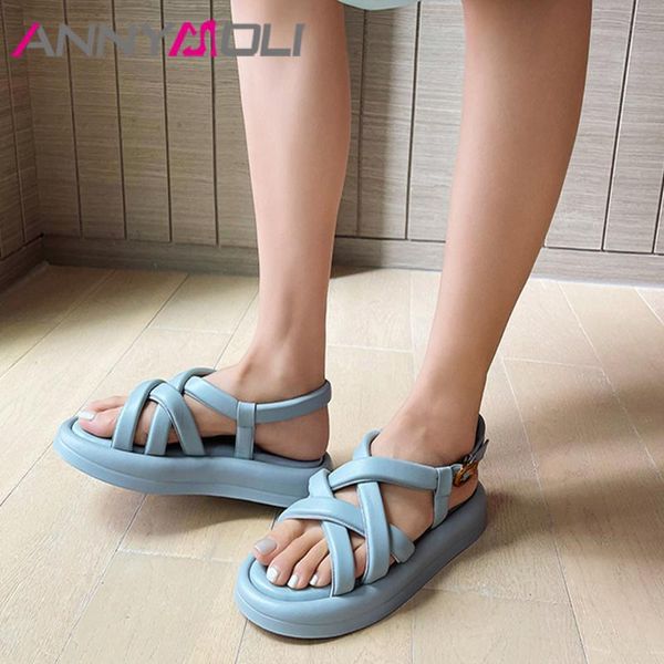 

sandals annymoli genuine leather women shoes flat platform sheepskin narrow band buckle strap ladies footwear 2021 summer beige, Black