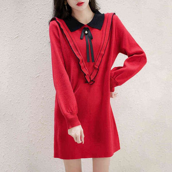 

casual dresses fashion lapel aging knitted dresses temperament contrast color backing sweater skirt 2022 autumn and winter women's wear, Black;gray