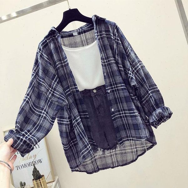 

women blouses fashion plaid and female matching color long sleeve button loose shirt blusas mujer de moda, White