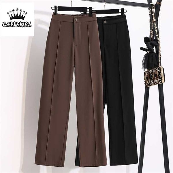 

women chic office wear straight pants vintage high waist slit ladies trousers plus size baggy korean autumn wide leg 211115, Black;white