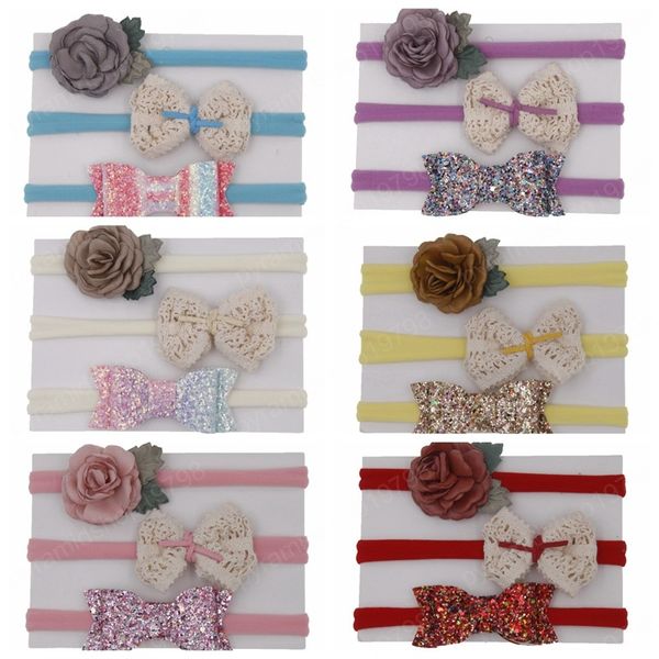 

3pcs/lot flower infant toddler hair bands soft cotton hollow out bowknot children headband shiny bow kids headwear set, Slivery;white