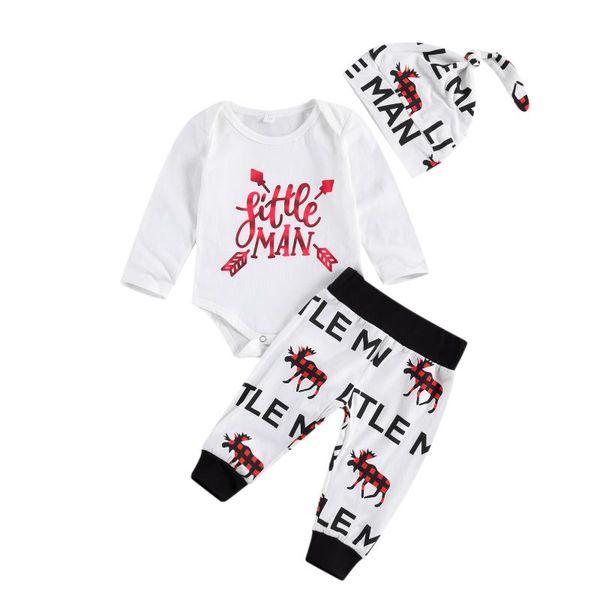 

clothing sets focusnorm christmas 0-18m born baby boys clothes deer print long sleeve romper pants hats 3pcs outfits, White