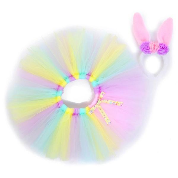 

clothing sets kids baby girls macaron rainbow colorful tutu skirt with ears flower plush headband easter cosplay costume, White