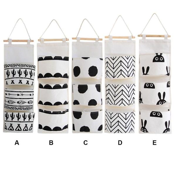 

storage boxes & bins black white pattern cotton linen hanging bag 3 pockets wall mounted wardrobe hang pouch cosmetic toys organizer