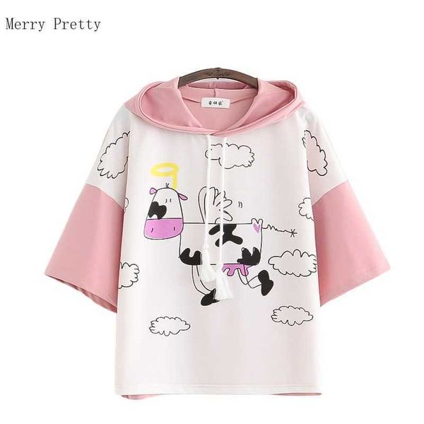 

summer women short sleeve cotton hooded sweatshirts cartoon cows print harakuju hoodies kawaii drawstring pullover 210526, Black