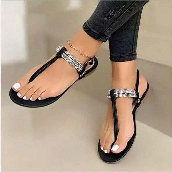 

sandals women summer beach plus size flats thong shoes woman shiny bling crystal gladiator sandalias mujer sapato feminino d1391, Black