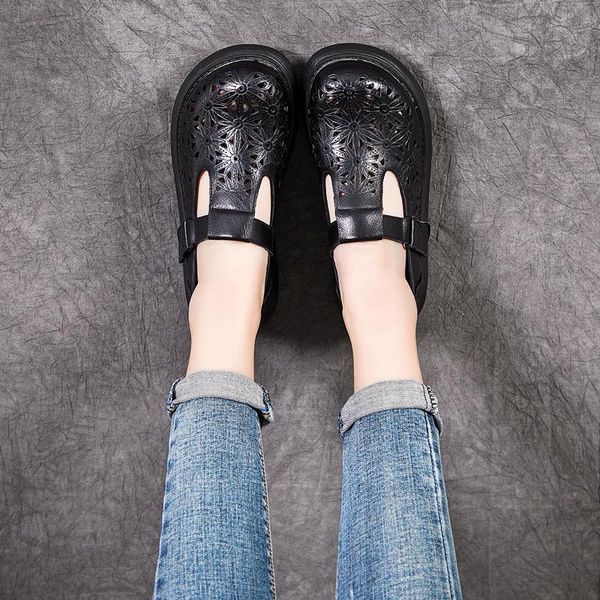 

dress shoes spring/summer 2021 arrivals leather platform wedge heel solid color round toe hollow design ladies casual sandals, Black