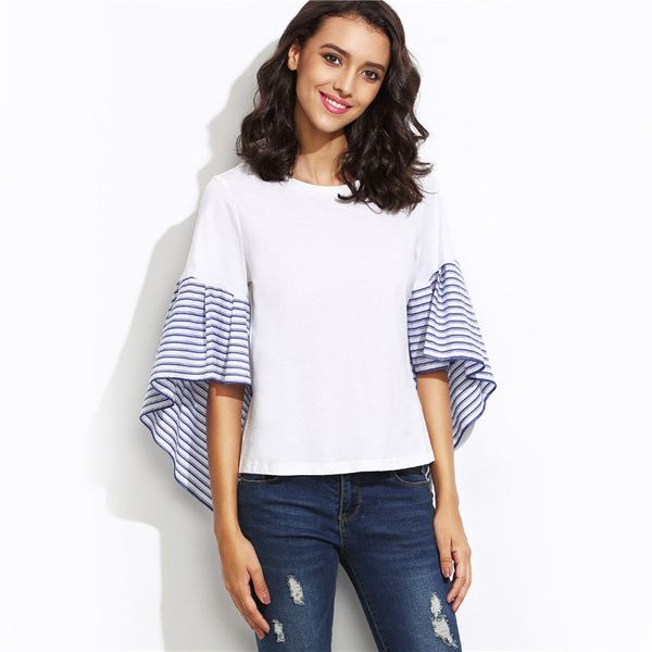 

women blouses half sleeve white striped asymmetric bell ladies round neck color block fashion blouse