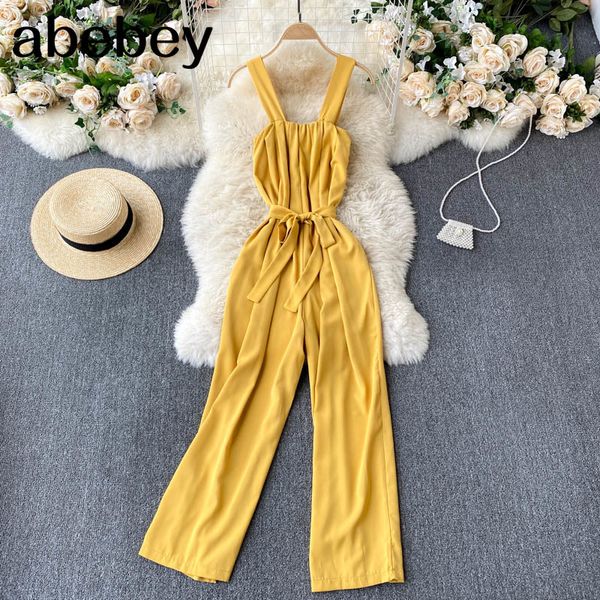 

women korean rompers v neck sleevelesssolid jumpsuits summer boho beach vacation wide leg long 210512, Black;white