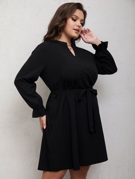 

plus flounce sleeve belted dress 31uz#, Black