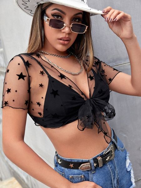 

sheer mesh star pattern tie front kimono without bra s55r#, White;black