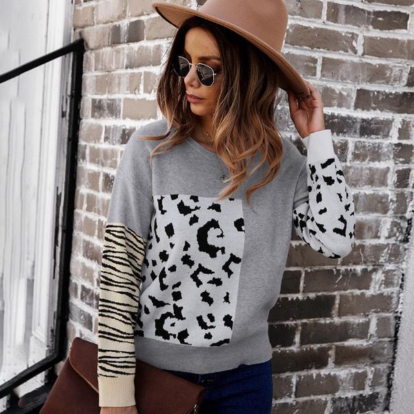 

women's sweaters stitching leopard sweater 2021 thick warm top, White;black