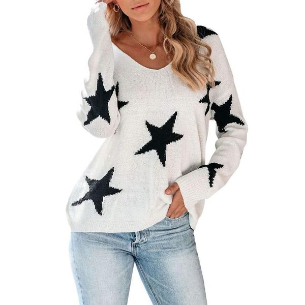 

stars print sweaters tunic women casual v-neck loose long sleeve knitted 2021 autumn winter female jumper pullovers women's, White;black