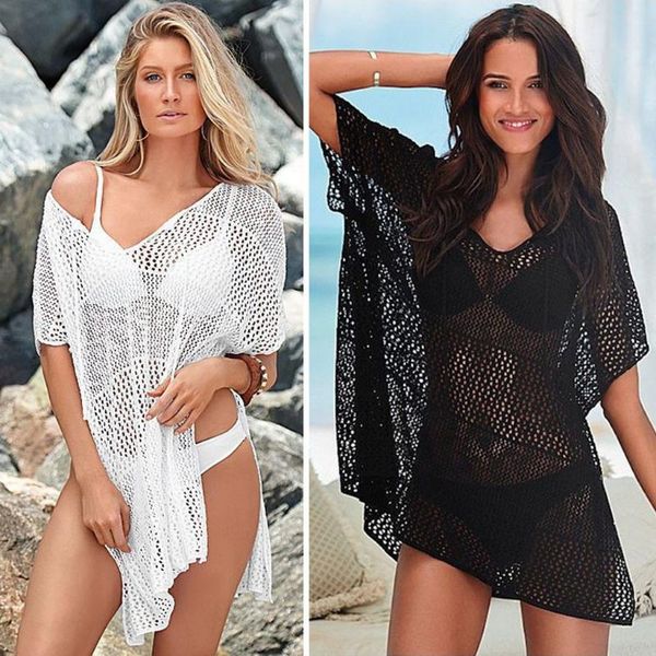 

women's swimwear summer beach dress bikini cover ups lady fashion women v-neck sunscreen smock knitting pure color beachwear, White;black