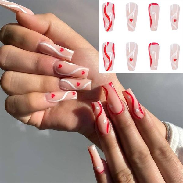 

false nails minimalist graffiti coffin nail waterproof removable manicure tools french ballerina with design decoration, Red;gold