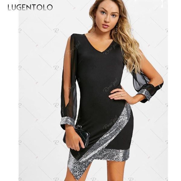 

lugentolo dress women hollow sleeves sequins stitching summer milk silk slim fashion v-neck irregular hem womens casual dresses, Black;gray