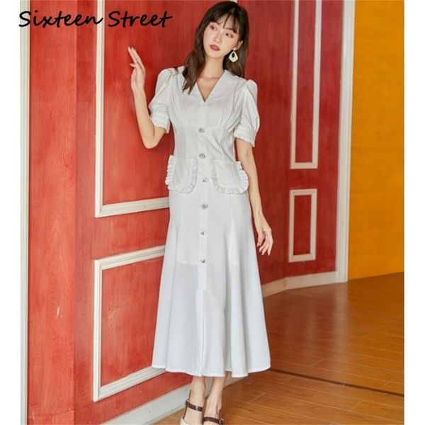 

summer white dress woman turn-down collar puff sleeve single breasted trumpet mermaid maxi dress female elegant party 210603, Black;gray