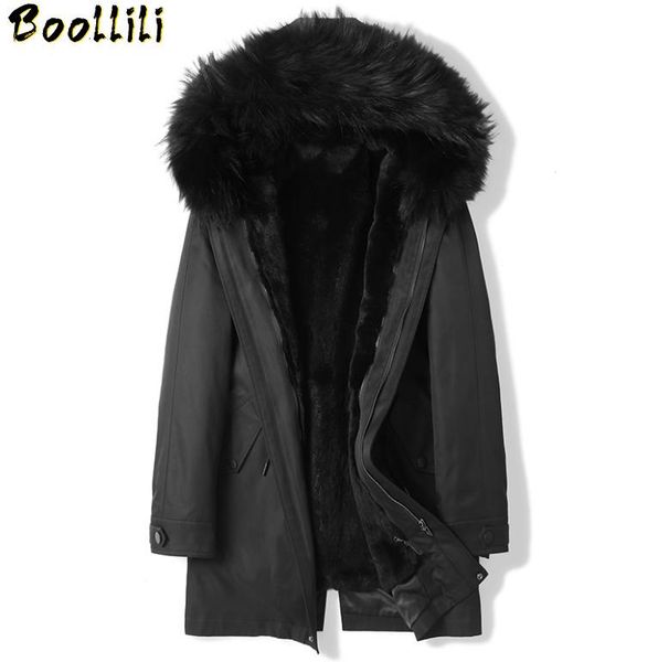 

men's leather & faux boollili winter jacket men parka real fur coat liner thick luxury raccoon collar hooded parkas, Black