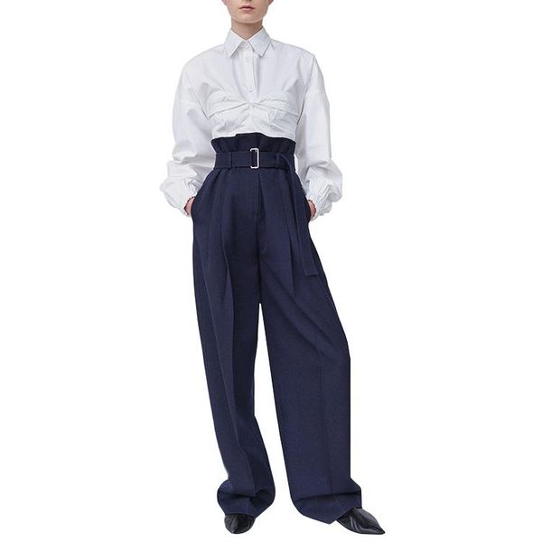 

women's pants & capris mobtrs high waist office women causal drawstring wide leg woman solid color temperament commute lady trousers, Black;white