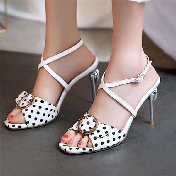 

dress shoes polka dot high heels womens summe sandalsr 2021 ankle strap stiletto slingback sandals plus size  43 44 45, Black