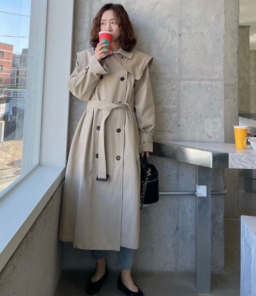

women's trench coats autumn elegant mostly long with buttons kn7y, Tan;black