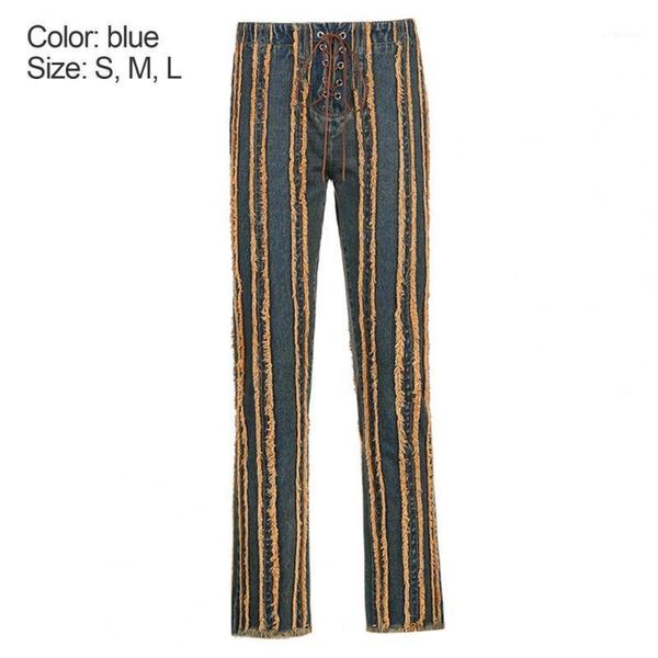 

women's jeans wide leg pants lace up straight women rough selvedge stripes denim trousers for street, Blue
