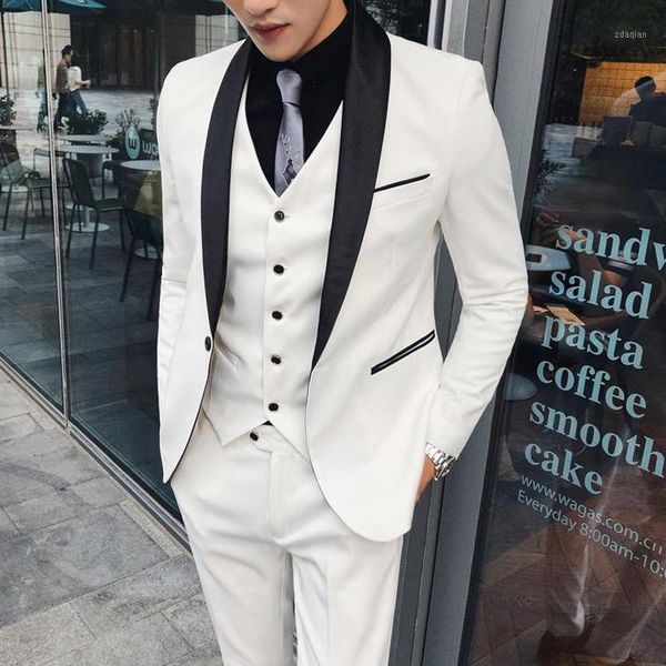 

piece prom men suits slim fit with black shawl lapel white wedding tuxedo for groom formal male fashion jacket vest pants men's & blaze, White;black
