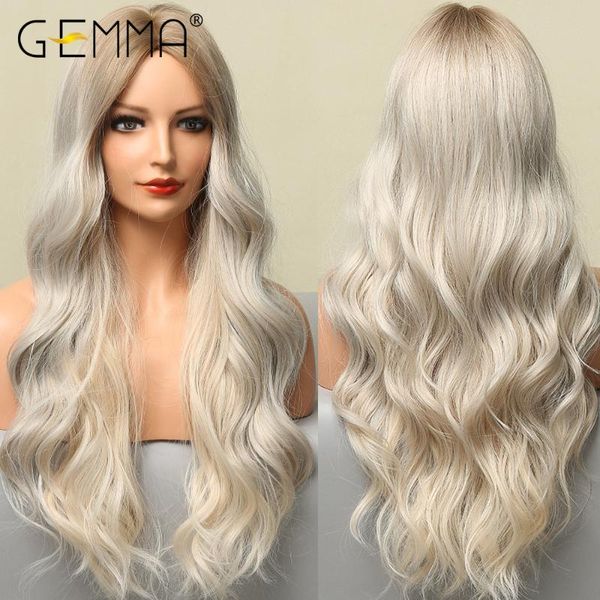 

synthetic wigs gemma long water wave wig for women ombre brown blonde natural middle part cosplay party hair heat resistant fiber, Black