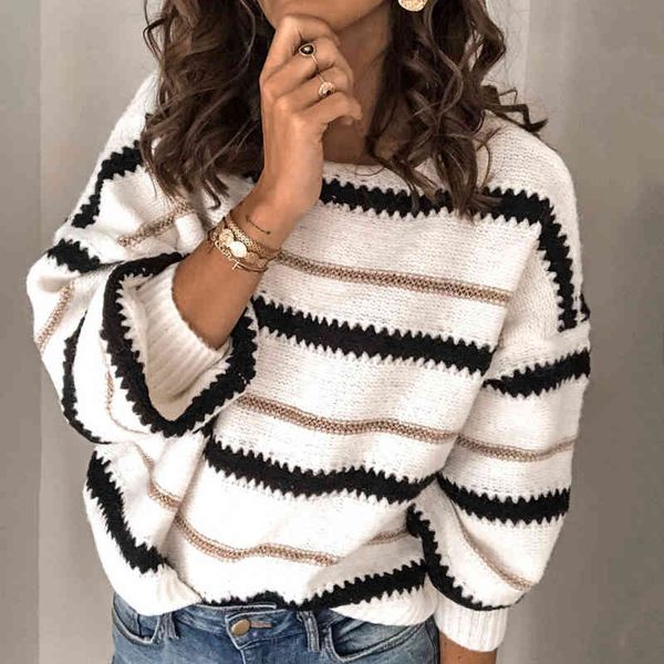 

knitted sweater autumn and winter women's panel striped sweaters ol loose sweater women pullovers clothes 210514, White;black