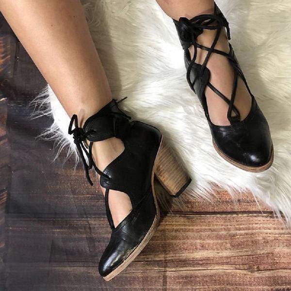 

dress shoes high heels lace up women cross strap gladiator sandals ladies chunky heel vintage pumps zapatos mujer chaussure femme, Black