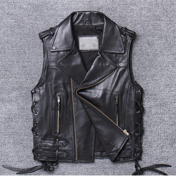 

men's vests genuine leather motorcycle vest thick cowhide slim fit fashion zipper adjustable sleeveless jacket, Black;white