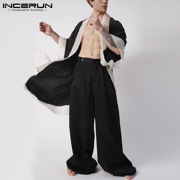 

men's tracksuits men casual sets mesh patchwork half sleeve open stitch shirt kimono with belt wide leg pants 2021 streetwear suits inc, Gray