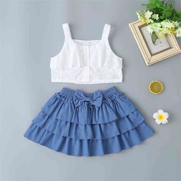 

girls clothes sets for kids cute jacquard fabric strap white multi layer bow denim skirt summer 210629