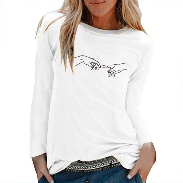 

two hands printing long sleeve women t shirts autumn winter graphic streetwear white o neck clothing femme ropa mujer