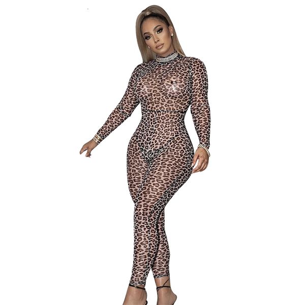 

nightclub wear women leopard print jumpsuits lady's see through stand collar full sleeve bodycon pencil rompers autumn, Black;white
