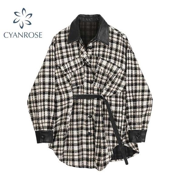 

autumn tweed stitching pu leather plaid jacket for women streetwear lapel single-breasted woolen coat with belt female 211104, Black